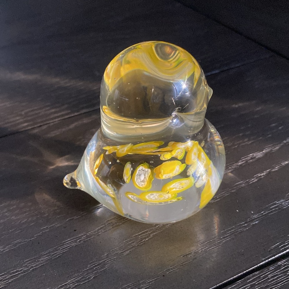 Vintage Clear Art Glass yellow flecks bubbled Duckling Paperweight